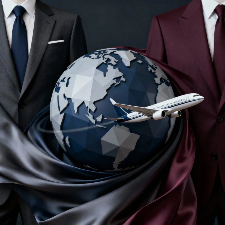Two bespoke suits framing a globe and airliner, representing the VJs international tailor tour