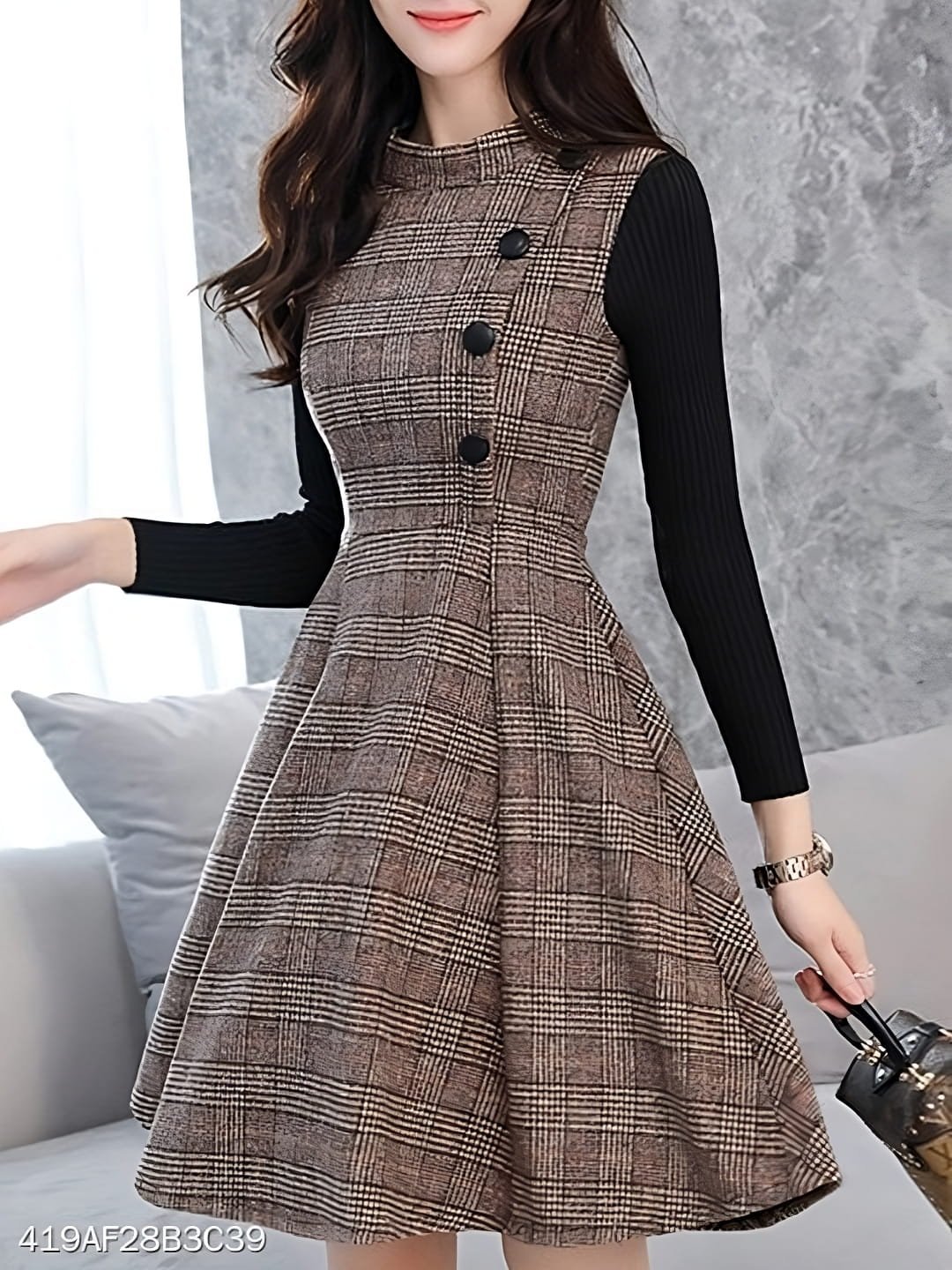 Brown checked high neck work dress with a nipped waist