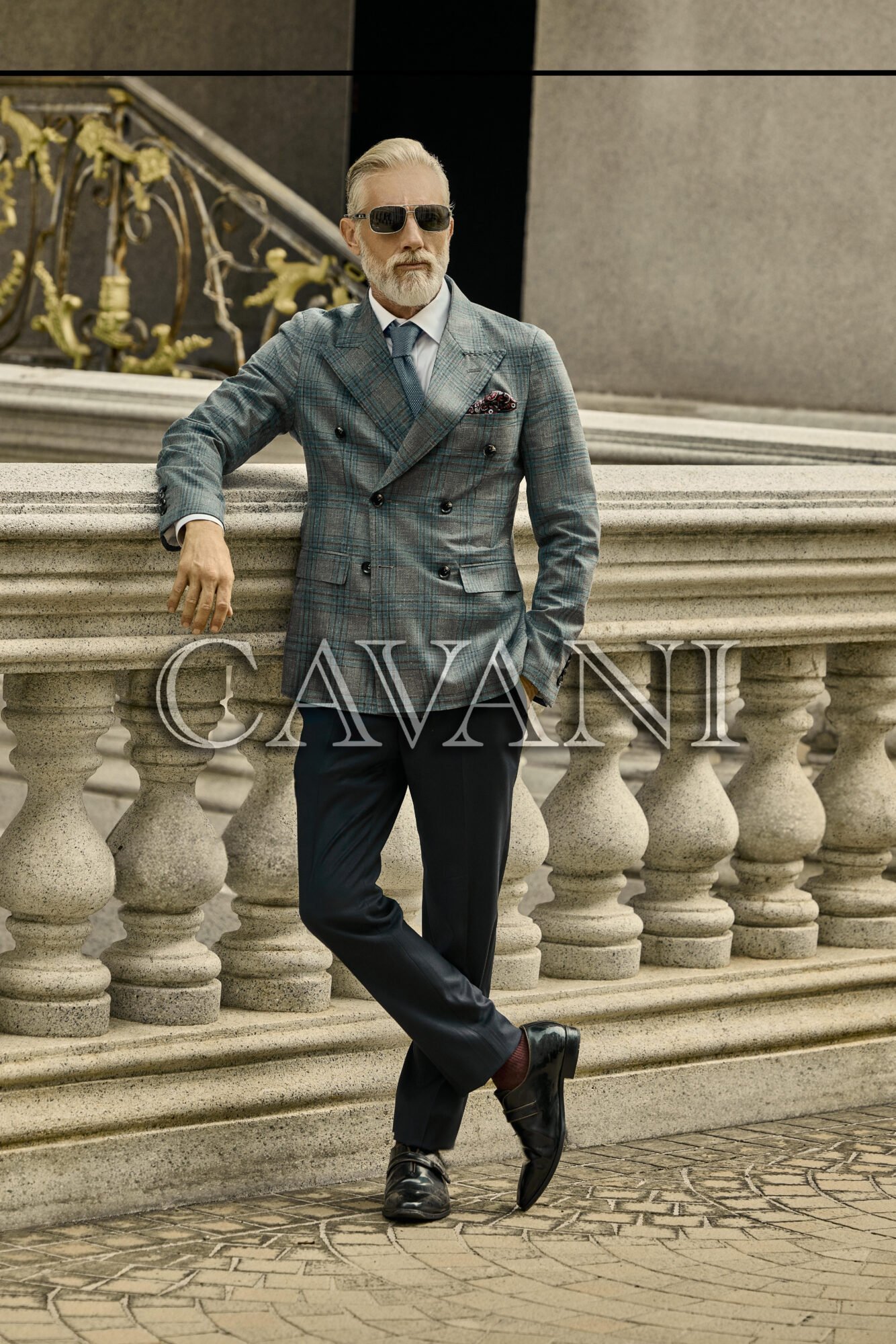Stormy grey blue six-button double-breasted blazer