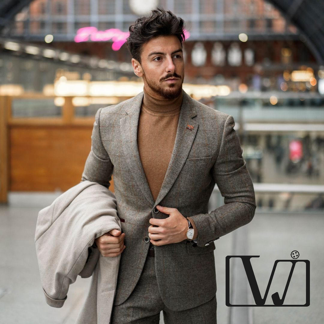 Grey suit with brown windowpane checks